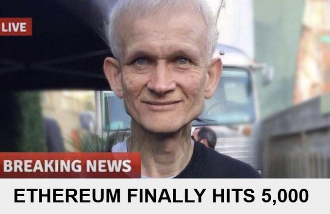 A man smiles in a mock "Breaking News" screenshot with the headline "ETHEREUM FINALLY HITS 5,000," referencing the cryptocurrency Ethereum's price milestone. The "soon.." caption suggests hopeful anticipation of Ethereum reaching that price target.