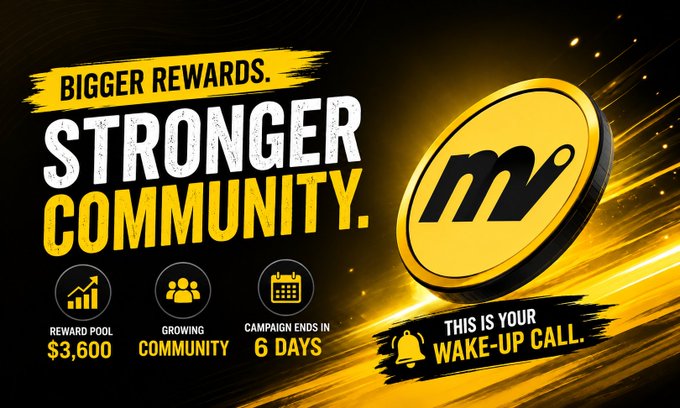 A bold promotional graphic for Moove (moovexyz) featuring a large gold coin with the "m" logo alongside the text "BIGGER REWARDS. STRONGER COMMUNITY." and highlighting key stats: a $3,600 reward pool, growing community, and a campaign ending in 6 days, with the tagline "THIS IS YOUR WAKE-UP CALL." The image visually reinforces the post's message about Moove's increased reward pool and serves as a call-to-action urging users not to miss out on the opportunity.