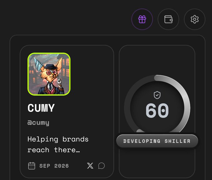 Profile card for 'CUMY' (@cumy) dated September 2026, showing an anthropomorphic fox avatar in a suit, the bio 'Helping brands reach there...', and a trust score of 60 with the label 'Developing Shiller'.