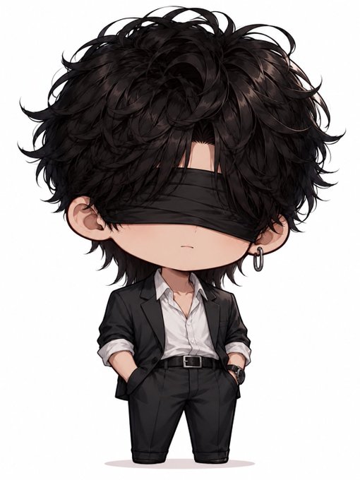 A chibi-style illustration of a character with messy black hair, wearing a blindfold, an earring, and a black suit with a white shirt.