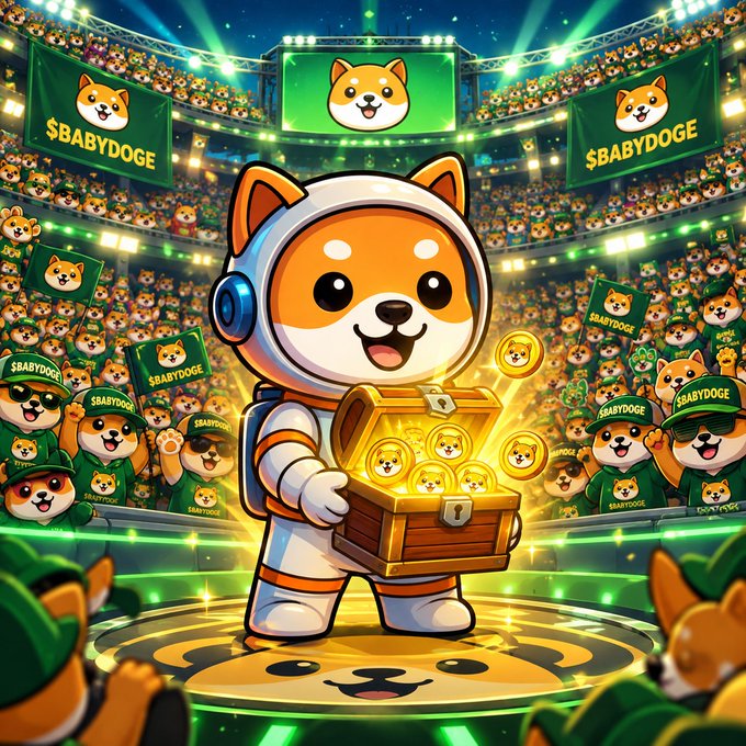Cartoon illustration of a Shiba Inu dog wearing an astronaut suit holding a treasure chest full of $BABYDOGE coins, surrounded by a cheering stadium crowd waving $BABYDOGE flags.