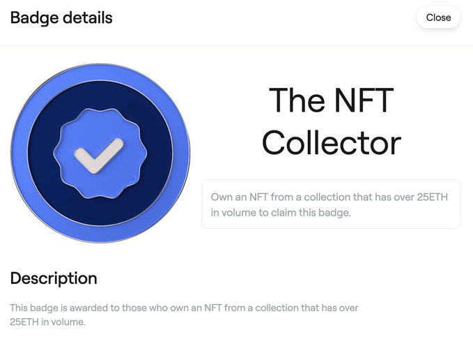 A digital badge titled 'The NFT Collector' on a white background, awarding users who own an NFT from a collection with over 25 ETH in volume.