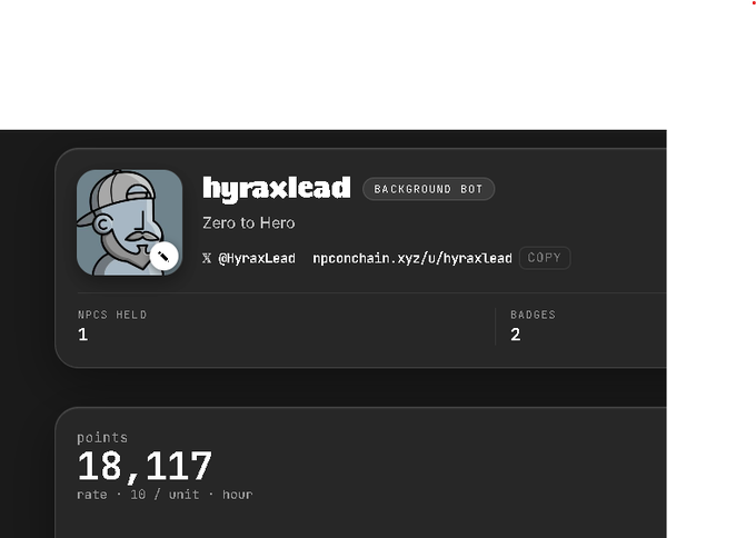 The image shows a black background with white text, which reads "HYRRAXLEAD Zero to Hero". The text also includes a picture of a man wearing a hat. There are two lines of text below the main text that read "points keep adding up daily on @npconchain" and "Don't sleep on this before the alpha drops."