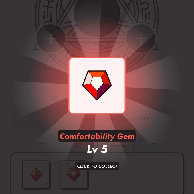 A digital reward screen displays a faceted "Comfortability Gem Lv 5" with a "CLICK TO COLLECT" prompt, relating to the post about purchasing two Level 4 gems to combine with equipped gems for HP consumption reduction in STEPN.