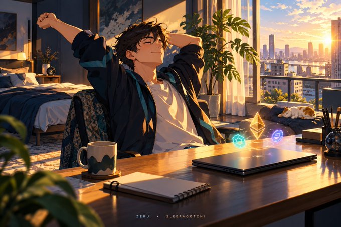 An anime-style illustration of a young man with dark hair stretching with his hands behind his head at a wooden desk, smiling with a laptop showing Ethereum logos, a coffee mug, and a city sunset view through the window; text reads 'ZERU · SLEEPAGOTCHI'.