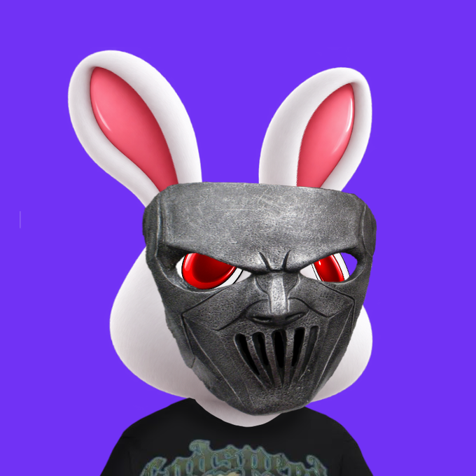 A white rabbit character wearing a menacing gray mask with glowing red eyes is pictured against a purple background, fitting the edgy aesthetic of an NFT collection's promotional announcement for a live wallet checker on OpenSea.