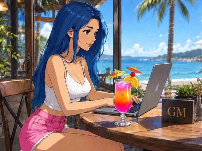 A vibrant anime-style woman with flowing blue hair works on her laptop at a beachside café, sipping a colorful tropical cocktail beside a sign reading "GM," perfectly capturing the casual Sunday work-vibe and ambition expressed in the post.