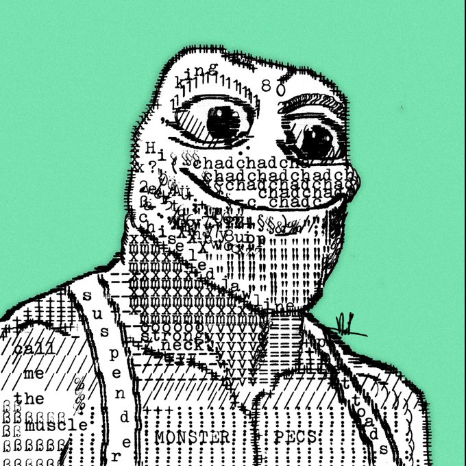 An ASCII art illustration of Pepe the Frog on a mint green background, composed of various characters and words including "PECKS," "MONSTER," "suspender," and "shadchadchadc," promoting a raffle for a Poet Toad NFT priced at 10,000 $TOADS tokens.