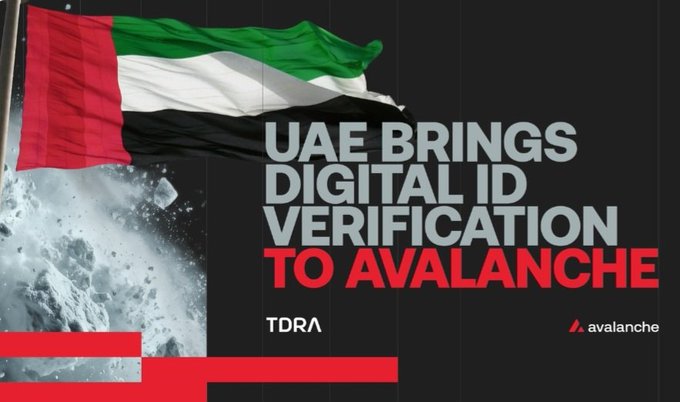 Promotional graphic with the UAE flag and text 'UAE BRINGS DIGITAL ID VERIFICATION TO AVALANCHE' featuring logos for TDRA and Avalanche.