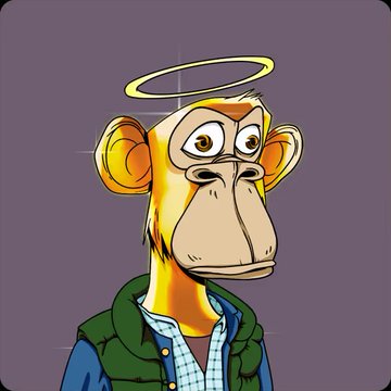 The image features a cartoon monkey wearing a green vest, blue plaid shirt, and a gold ring around its neck with a halo effect. The monkey appears to be looking at something or someone off-camera while standing against a purple background. There is also text in the image that reads "Congrats to the Buyer and Seller! This wallet is loaded….3.9 MILLION More to come..BUCKLE UP APES Another great placement by GrailsOTC @GrailsOTC".
