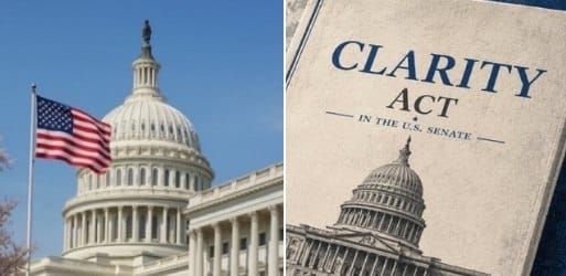 A split image shows the U.S. Capitol building with an American flag on the left, and a document titled 'CLARITY ACT IN THE U.S. SENATE' on the right.