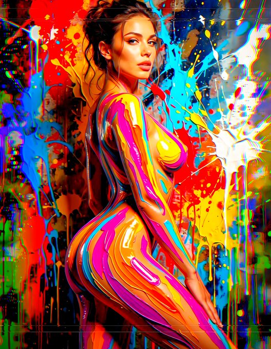 A vibrant, colorful digital painting of a woman in a curvy pose, her body painted with swirls of pink, yellow, blue, and orange against a chaotic splatter background.