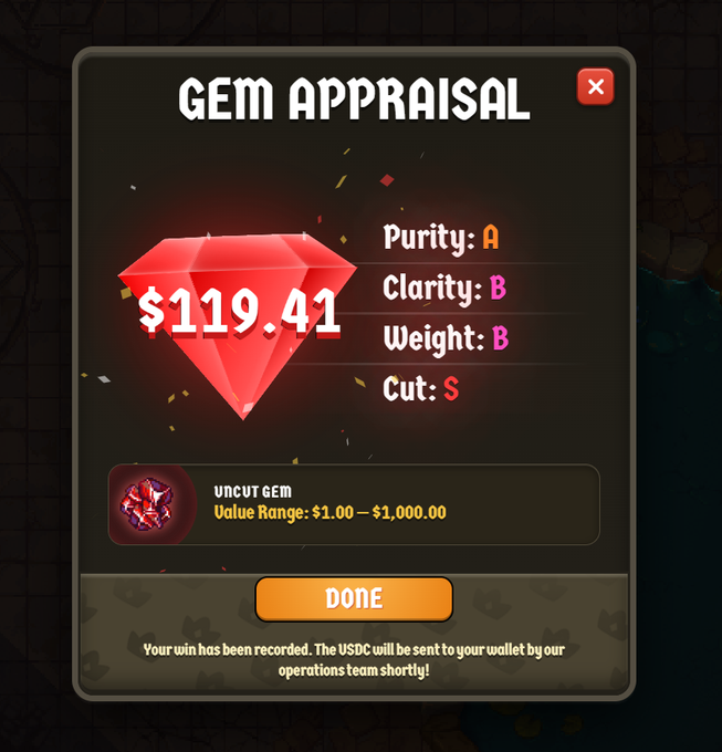 A "GEM APPRAISAL" pop-up from the game Cambria displays a red gem valued at $119.41 with stats including Purity: A, Clarity: B, Weight: B, and Cut: S, noting the uncut gem's value range of $1.00-$1,000.00. This ties into the post's message about right-clicking to fish and earn money in Cambria, emphasizing that players can generate real USDC rewards alongside accumulating points ahead of a token generation event (TGE).