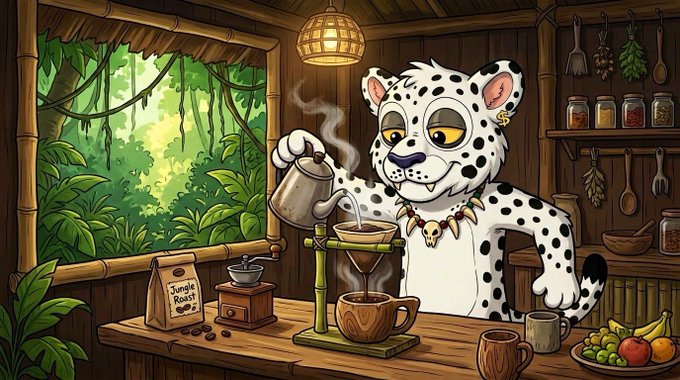 A cartoon snow leopard wearing a bone necklace brews coffee in a jungle-style hut, with a bag labeled "Jungle Roast" on the counter alongside fruits and jars. The cozy, whimsical scene pairs with "GM" as a cheerful good-morning greeting from a wildlife-themed barista.