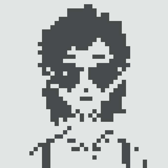 The image shows a computer-generated portrait of a person wearing sunglasses, with black hair and a white face that appears to be in a flat style. The image has been edited and modified for display purposes and is presented in a black and white digital art style, giving it a digital aesthetic. On the caption provided next to the image, there are words written in a different color - red. It seems like an overlay or a modification of text to accompany the image.