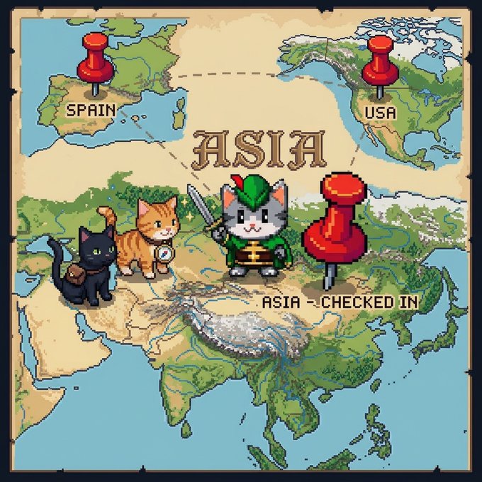 A pixel-art map of Asia shows a gray cat knight and two other cats near red pushpins, with the text "ASIA" and "ASIA - CHECKED IN."