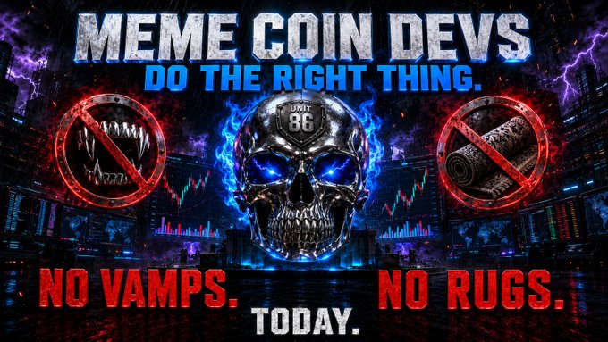 A graphic featuring a metallic skull with glowing blue eyes and a 'UNIT 36' helmet, displaying the text 'MEME COIN DEVS DO THE RIGHT THING. NO VAMPS. NO RUGS. TODAY.' alongside crossed-out icons.