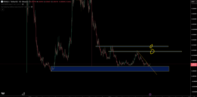 A TradingView chart of PENGU/Solana on the 1-day timeframe shows price action around key support (blue box) and resistance (yellow circled zones) levels, with an arrow projecting potential downward movement toward the highlighted support area near 0.000985.