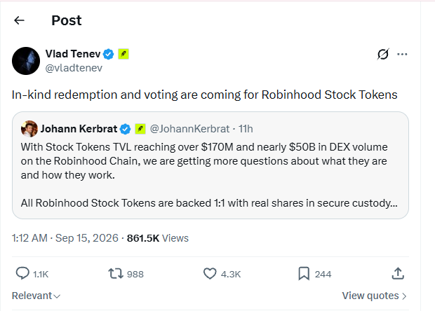 A X (Twitter) post by Vlad Tenev (@vladtenev) quoting Johann Kerbrat about in-kind redemption and voting coming for Robinhood Stock Tokens, noting TVL reaching over $170M and nearly $50B in DEX volume.