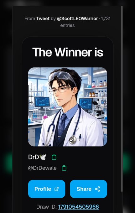 A Twitter giveaway winner announcement showing "The Winner is" with an anime-style illustration of a male doctor in a lab coat with a stethoscope and safety goggles. The winner is DrD (@DrDewale), as indicated in the tweet by @ScottLEOWarrior which received 1,731 entries, with options to view the Profile or Share the announcement.