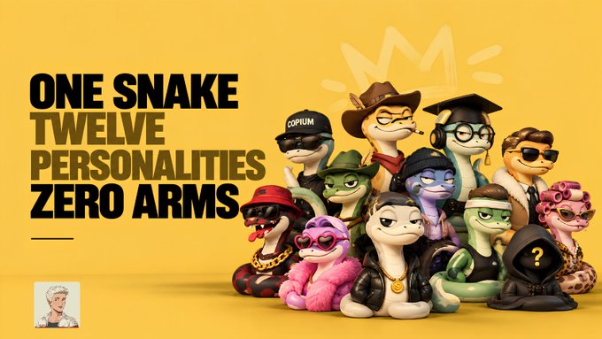 A promotional graphic on a yellow background with text reading 'ONE SNAKE TWELVE PERSONALITIES ZERO ARMS' next to a group of cartoon snake characters in various outfits and accessories.