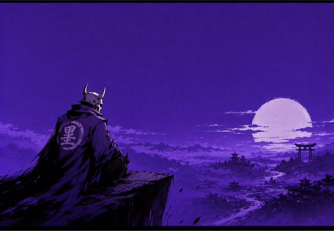 An anime-style illustration shows a samurai in a horned mask and dark robe with a kanji symbol, sitting on a cliff overlooking a purple-hued landscape with a large moon and a torii gate.