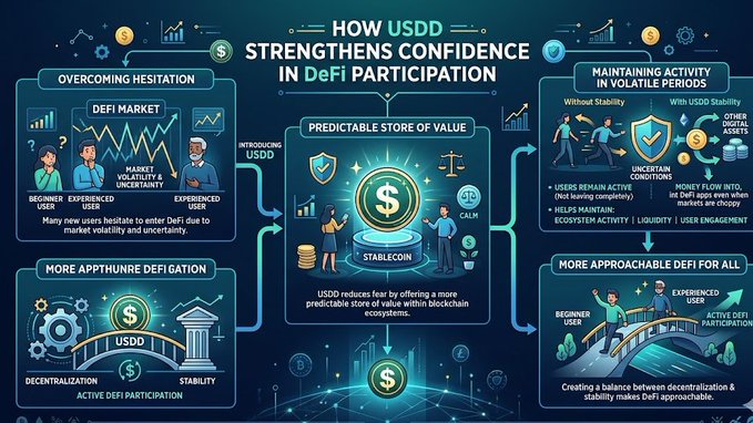 The image presents a flowchart illustrating USDD's strategies for increasing its influence within the blockchain ecosystem. The chart is primarily in blue color with some white text. At the center of this flowchart, there are several smaller diagrams that help explain each step towards strengthening confidence within DeFi platforms and increasing user participation by ensuring efficient on-chain liquidity."