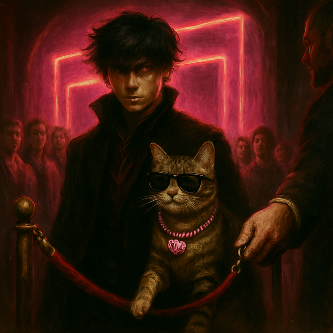 A dark, stylized painting of a young man with messy black hair and glowing red eyes, standing with a tabby cat wearing sunglasses and a pink heart pendant collar, against a red-lit background with silhouettes of figures.