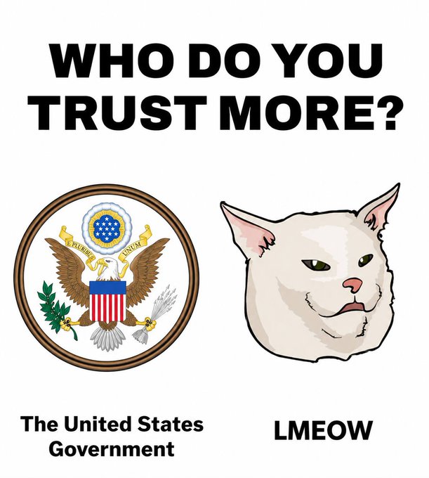 A meme asking "WHO DO YOU TRUST MORE?" between the United States Government seal and a smug-looking white cat labeled "LMEOW," reinforcing the joke's punchline that the cat is the more trustworthy option.