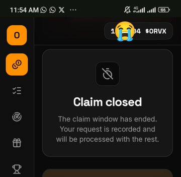A mobile screenshot shows a "Claim closed" notification on the $ORVX platform, with text reading "The claim window has ended. Your request is recorded and will be processed with the rest." A laughing emoji with tears covers a portion of the top display, which shows "$ORVX" alongside a balance, confirming the claim submission window has officially closed as announced.