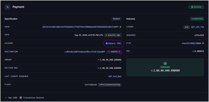 Screenshot of a successful XRP (Ripple) payment transaction for 2,000,000,000,000,000 units dated Sep 25, 2026, with the recipient's address partially circled in pink.