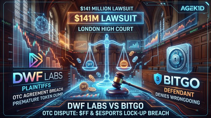 A thumbnail graphic titled 'DWF LABS VS BITGO' depicting a $141 million lawsuit at the London High Court, with DWF Labs (plaintiffs) alleging OTC agreement breach and premature token dump, while BitGo (defendant) denies wrongdoing in an OTC dispute over $FF and $ESPORTS lock-up breach.