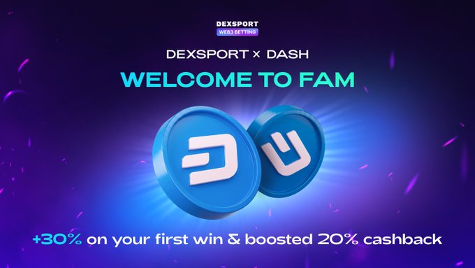The image features a post that says "DASH", possibly indicating a connection between DASH and a coin, or possibly referring to the name of the cryptocurrency. The post also mentions "Dexsport" and "DASH", which could be a reference to a specific cryptocurrency or payment method. The primary focus of the image is on the offer for users to celebrate with an exclusive 30% discount on their first win when using DASH, promoting the partnership between DASH and Dexsport.