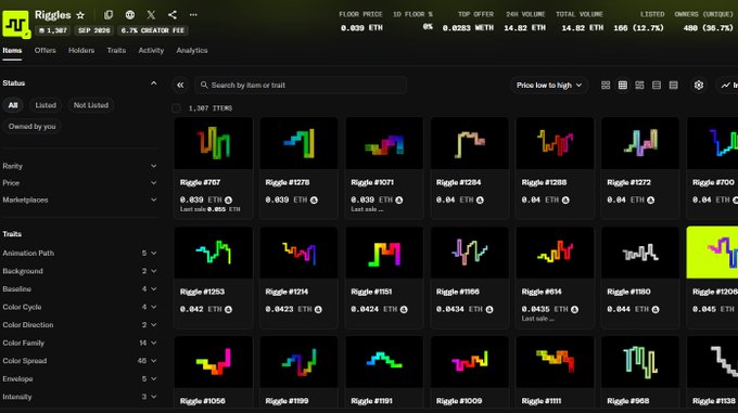 An NFT marketplace page for 'Rigglez' collection showing 1,307 items with a floor price of 0.039 ETH and various colorful Riggle character thumbnails.