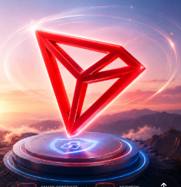 A red 3D triangular logo resembling the Tron logo hovers above a glowing circular platform against a sunset sky background.