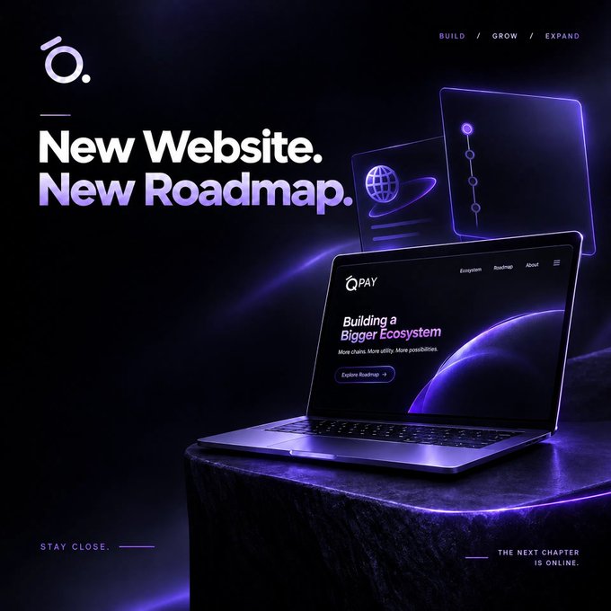 A dark purple promotional graphic featuring a laptop displaying the QPay website with the headline 'New Website. New Roadmap.' and subtext 'Building a Bigger Ecosystem' alongside 'BUILD / GROW / EXPAND' and 'THE NEXT CHAPTER IS ONLINE.'