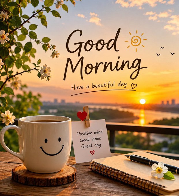 A cheerful "Good Morning, Have a beautiful day" greeting card sits on a wooden balcony beside a smiling coffee mug, a "Positive mind, Good vibes, Great day" note, and a journal overlooking a golden sunrise. The post likely uses this image ironically or as lighthearted contrast, since the actual topic shifts to a critical take on sleep trackers like Whoop, Oura, Apple Watch, and CUDIS, suggesting their sleep scores (like a "72") are the least useful part compared to the harder problem of what comes after collecting the data.