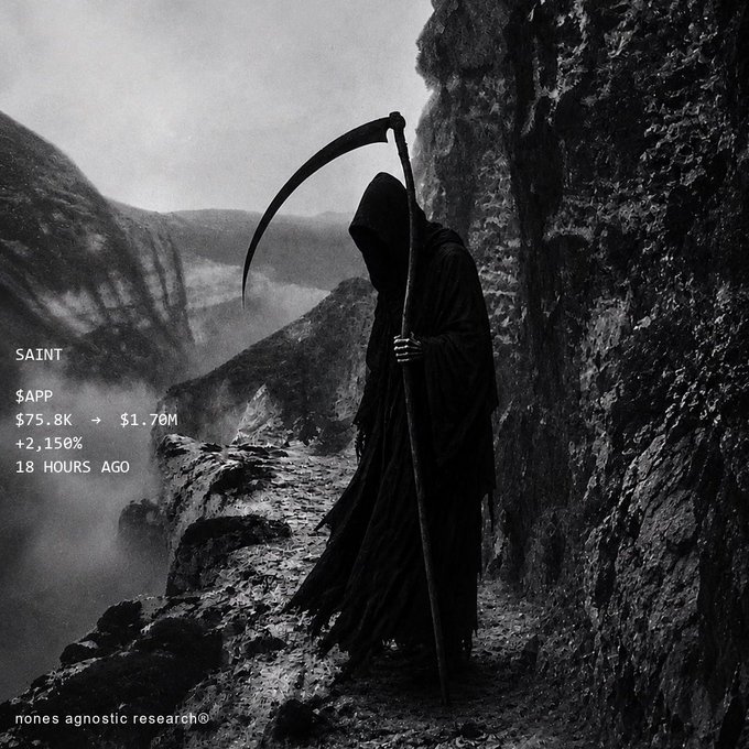 A dark, atmospheric black-and-white image of a hooded Grim Reaper figure holding a scythe on a mountain cliff, with text 'SAINT', '$APP', '$75.8K -> $1.70M', '+2,150%', '18 HOURS AGO', and 'nones agnostic research®'.