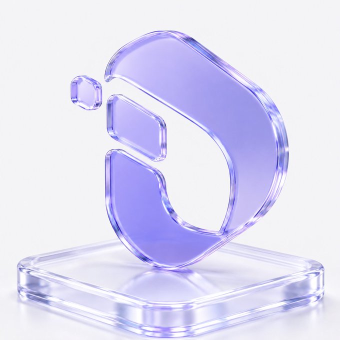 A translucent purple and lavender 3D rendered logo or icon with curved segments sits on a clear square base against a white background.