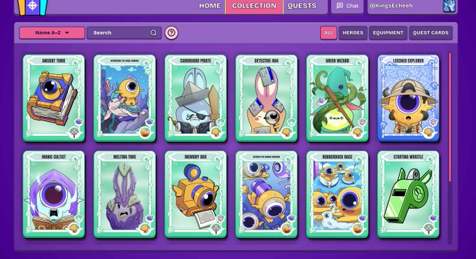 A digital card collection interface from the game Everdraw RPG shows various collectible hero cards with names like "Ancient Tome," "Green Wizard," and "Legendary Eyexplore," demonstrating the "Simply Collect heroes" and upgrade gameplay mentioned in the post.