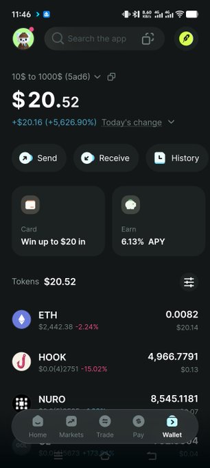 A screenshot of a crypto wallet app showing a balance of $20.52 (5,626.90%), with holdings including ETH ($20.14), HOOK ($0.13), and NURO.