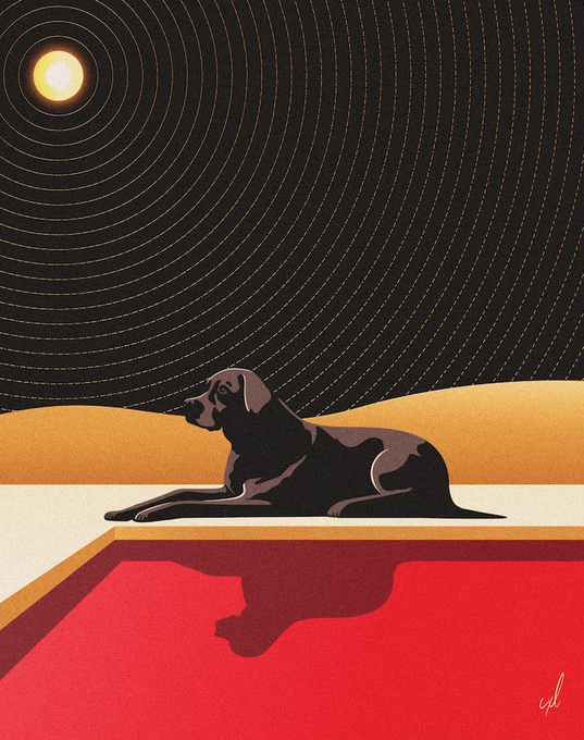 A stylized illustration of a black dog lying on a pool edge at sunset, with its reflection shown in the red-tinted water and a sun with radiating lines in the background.