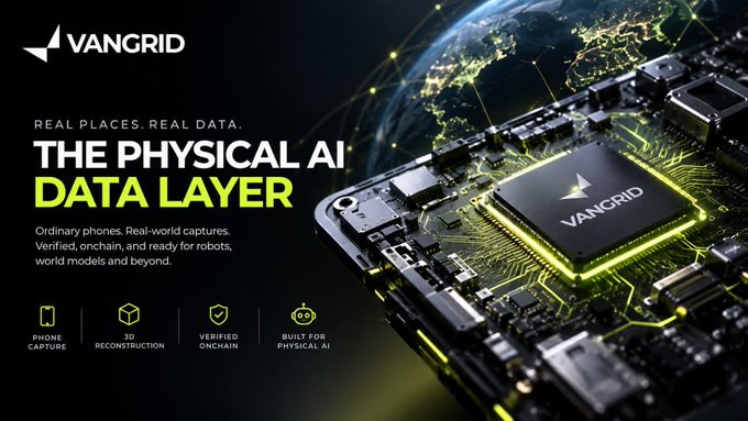 A promotional graphic for 'VANGRID,' branding itself as 'THE PHYSICAL AI DATA LAYER' with text 'REAL PLACES. REAL DATA.' and 'Verified, onchain, and ready for robots, world models and beyond,' alongside a smartphone circuit board.