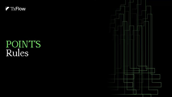The image displays a dark-themed slide titled "POINTS Rules" with the TxFlow logo in the top left and a green abstract architectural-style graphic on the right side. This slide appears to introduce the revamped points distribution system for the TxFlow project, which the accompanying post notes was significantly improved after community feedback addressed the unbalanced initial design.