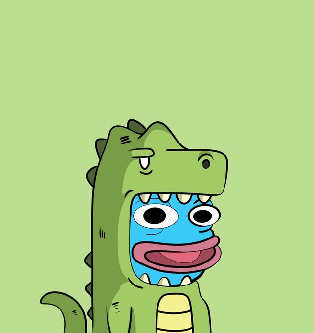 A cartoon illustration of a green dinosaur costume with another small, wide-eyed blue monster character inside its open mouth, set against a light green background.