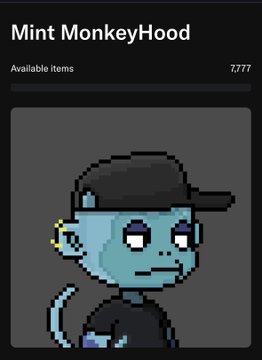 The image shows a pixel art NFT listing titled "Mint MonkeyHood" with "Available items: 7,777," featuring a blue monkey character wearing a black cap and hoodie—representing the upcoming MONKEYHOOD mint referenced in the post.