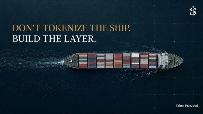 A dark-themed advertisement for Edra Protocol featuring an aerial view of a container ship with the text 'DON'T TOKENIZE THE SHIP. BUILD THE LAYER.' and a stylized '$' logo.