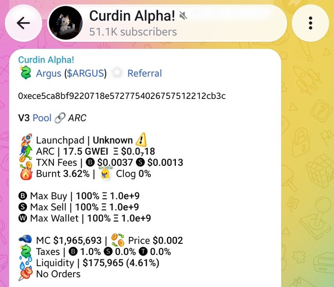 A Telegram channel screenshot shows "Curdin Alpha!" ($ARGUS) with 51.1K subscribers, displaying a token card for Argus with a $1,965,693 market cap, $0.002 price, and V3 Pool details including 17.5 GWEI and 3.62% burn rate. The post highlights a 12x gain from sharing the $ARGUS call earlier at ~$2M MC, now sitting at $24M.