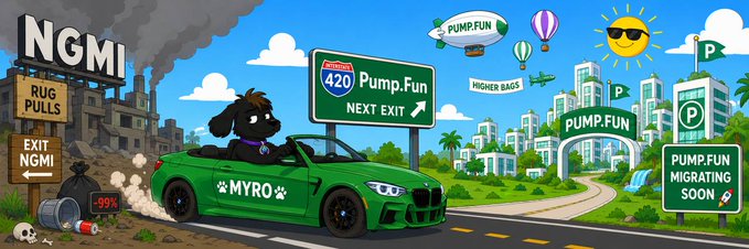 The image features a cartoon dog driving a green car with the words "Myro" written on its side. The scene takes place on a road, surrounded by various buildings and signs, including one that says "Pumpkin Fun". The background of the image is filled with different elements such as a cityscape, palm trees, and balloons. The post about Myro and Solana memes highlights how the dog's character has become an iconic symbol for the meme culture surrounding these platforms.