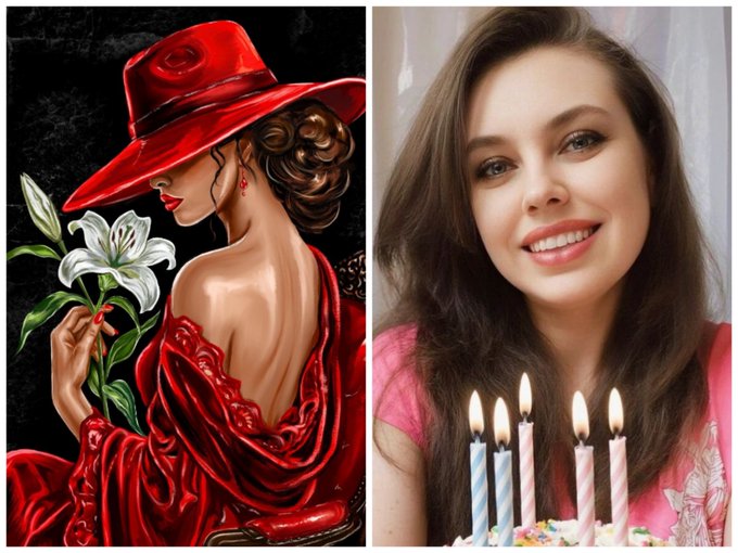 A side-by-side image showing a stylized painting of a woman in a red hat and dress holding lilies, next to a photograph of a smiling young woman with birthday candles lit in front of her.